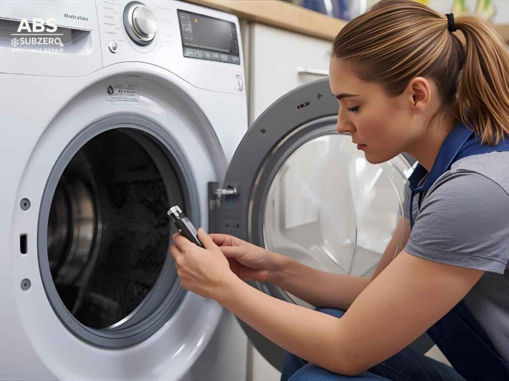 Technician diagnosing LG washing machine drum