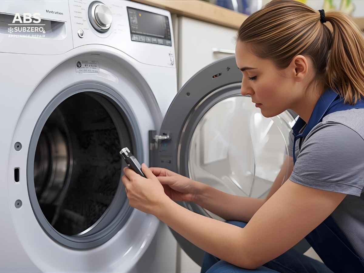 Technician diagnosing LG washing machine drum